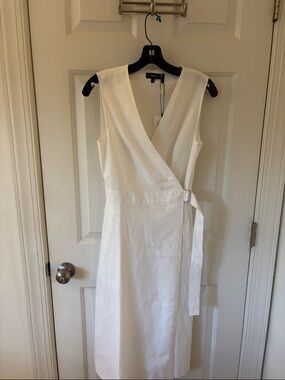 Theory White Sleeveless Wrap Midi Dress with Side Tie
